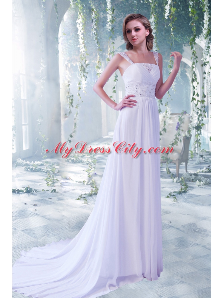 Eelgant Empire Beading Straps Court Train Beach Wedding Dress