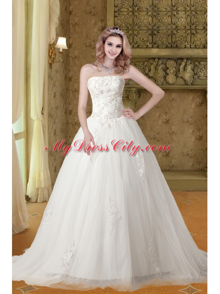 Gorgeous A Line Strapless Appliques Wedding Dresses with Chapel Train