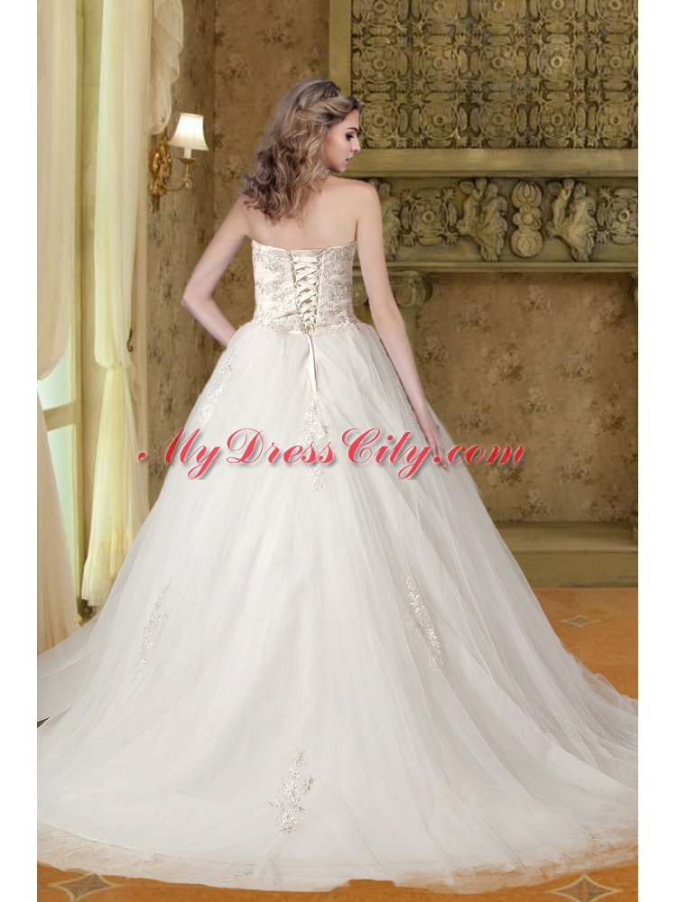 Gorgeous A Line Strapless Appliques Wedding Dresses with Chapel Train