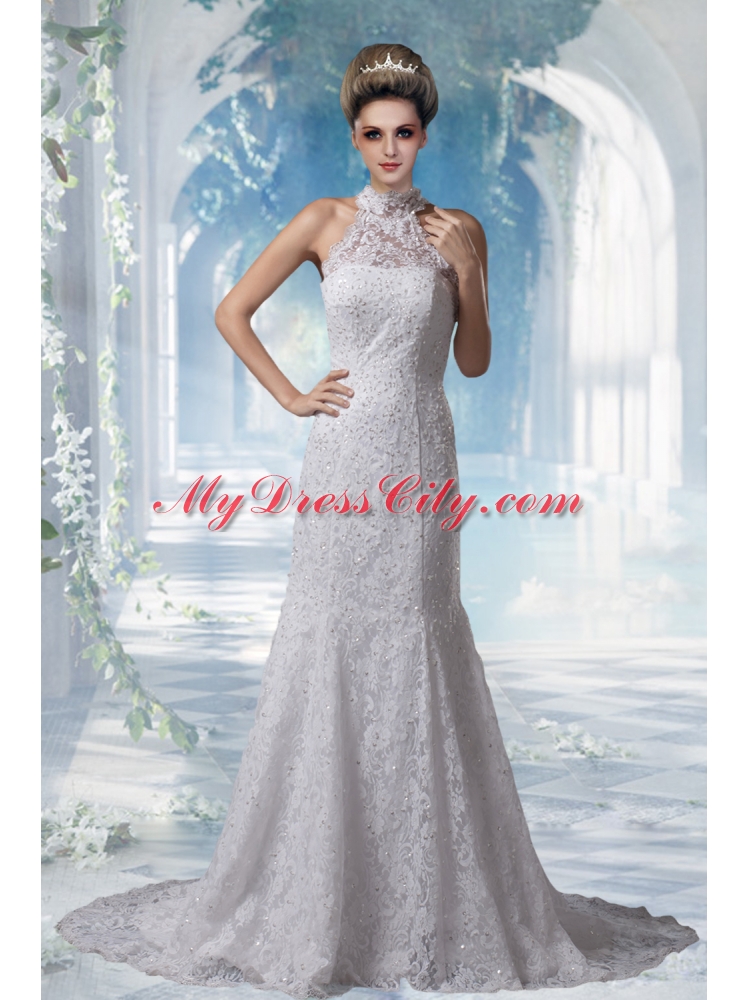 Gorgeous Mermaid Halter Top Lace Court Train Wedding Dress