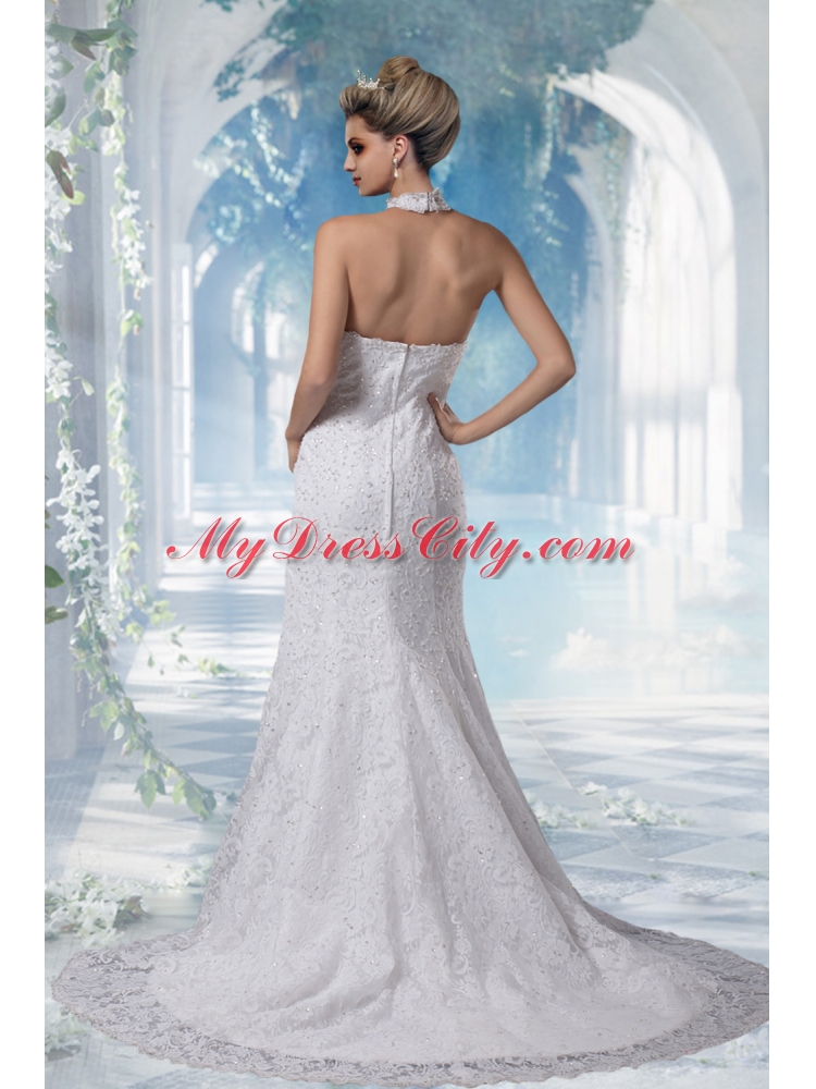 Gorgeous Mermaid Halter Top Lace Court Train Wedding Dress