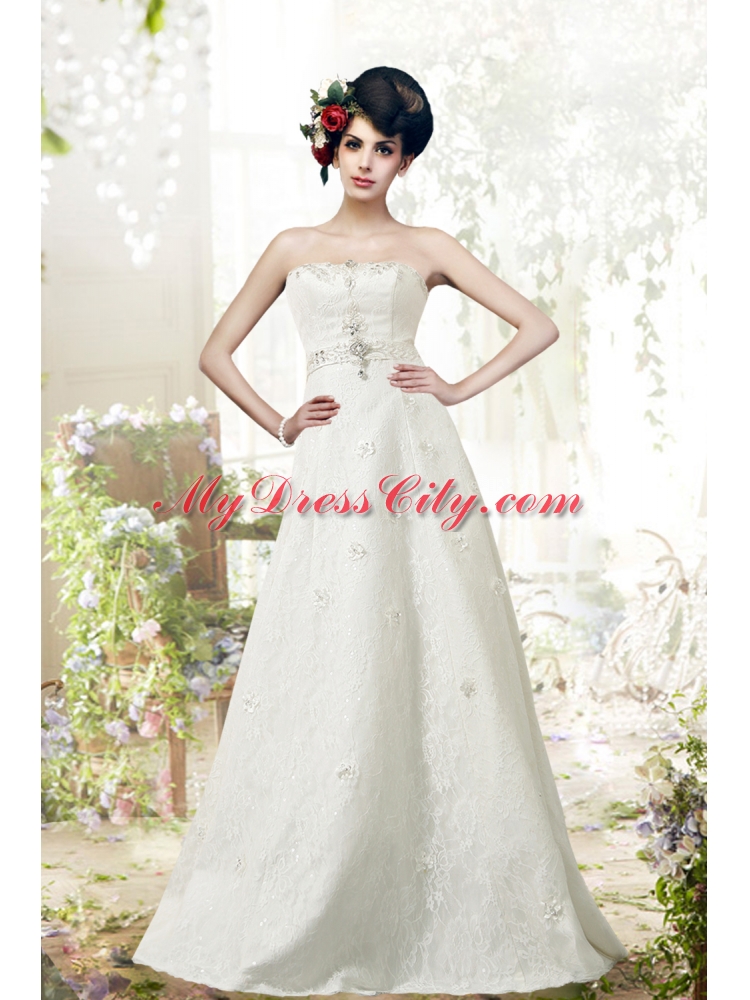 Lace A Line Strapless Floor Length Wedding Dress in White