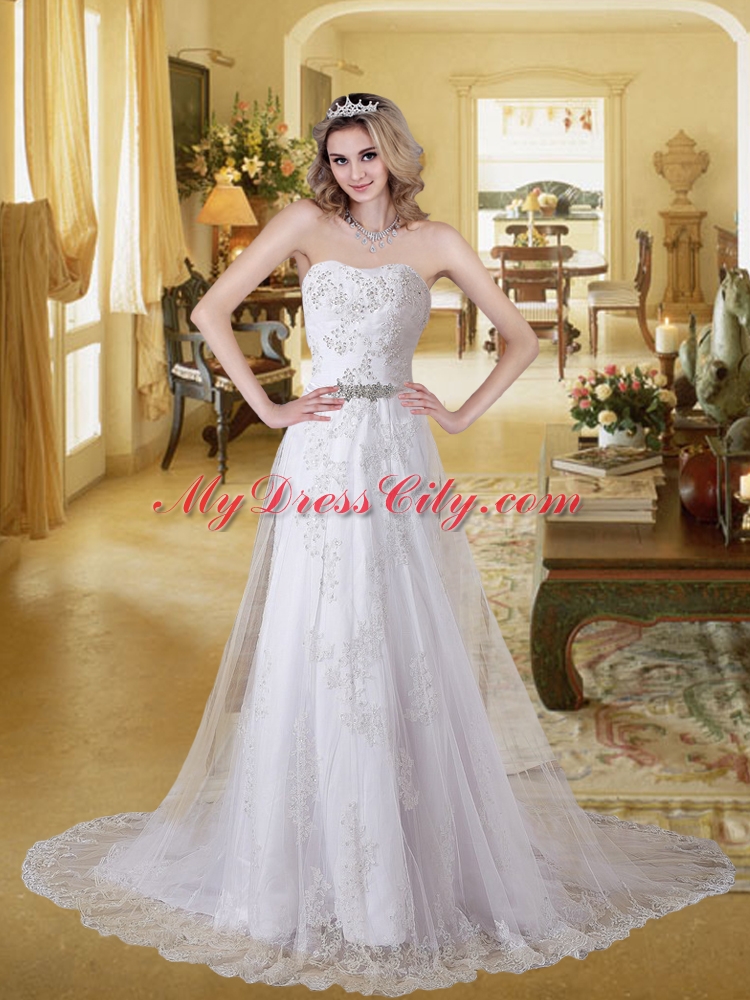 Lace Strapless Empire Court Train Beading Wedding Dresses for Garden