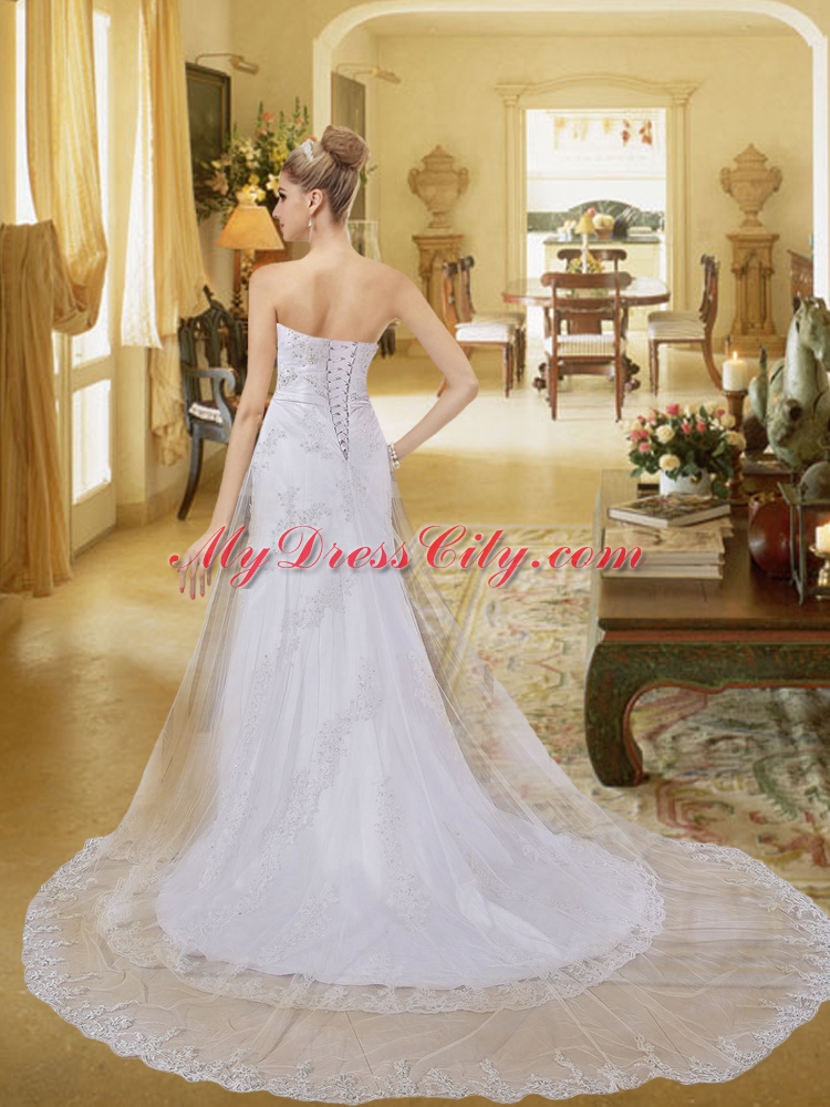 Lace Strapless Empire Court Train Beading Wedding Dresses for Garden