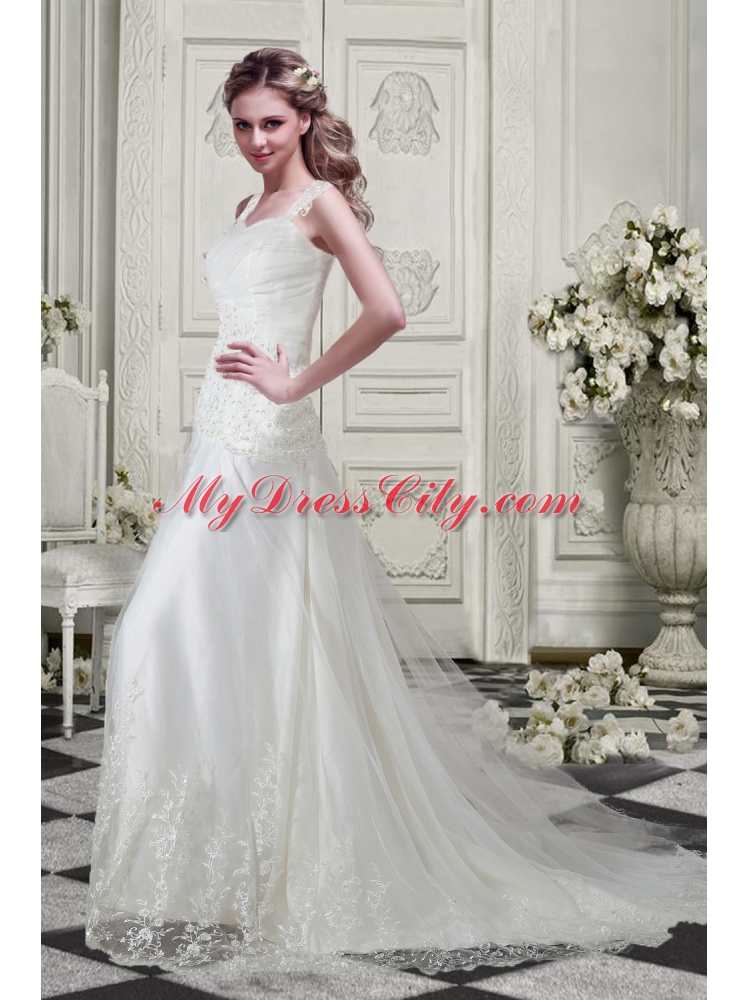 Low Price Straps Wedding Dresses with Appliques and Lace