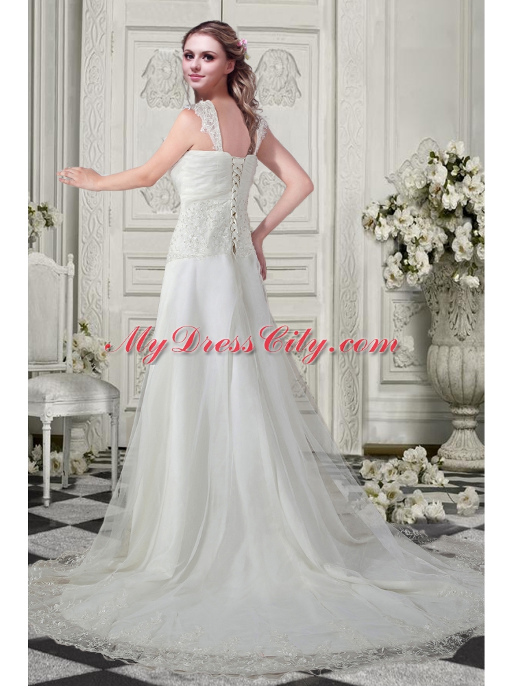 Low Price Straps Wedding Dresses with Appliques and Lace