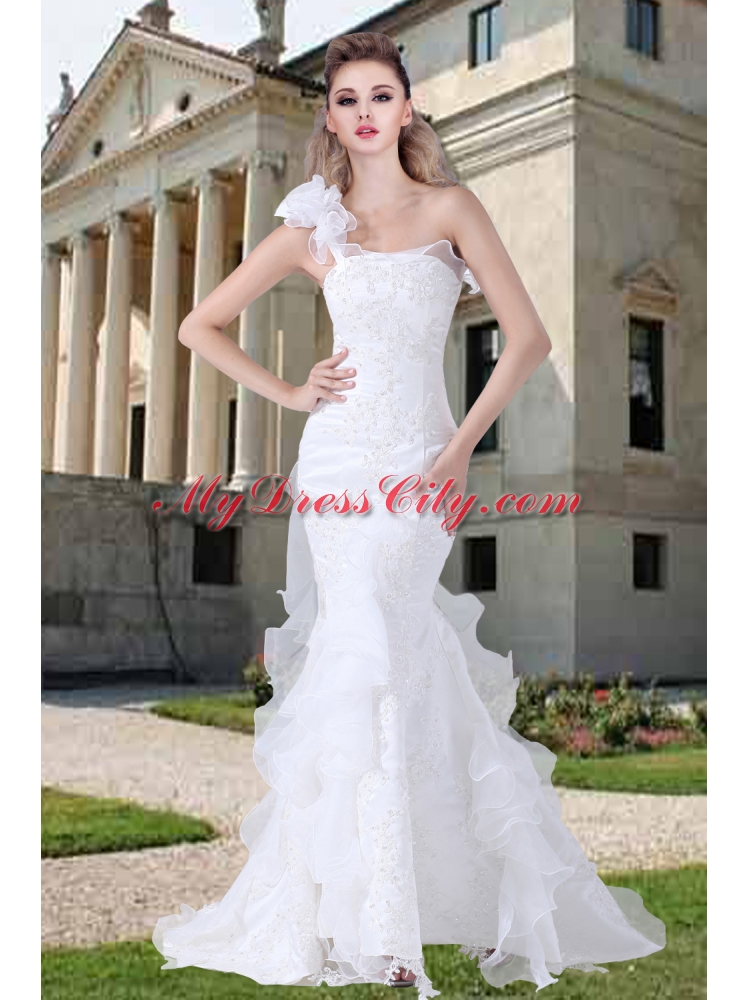 One Shoulder Ruffles Mermaid Appliques Wedding Dresses for 2014