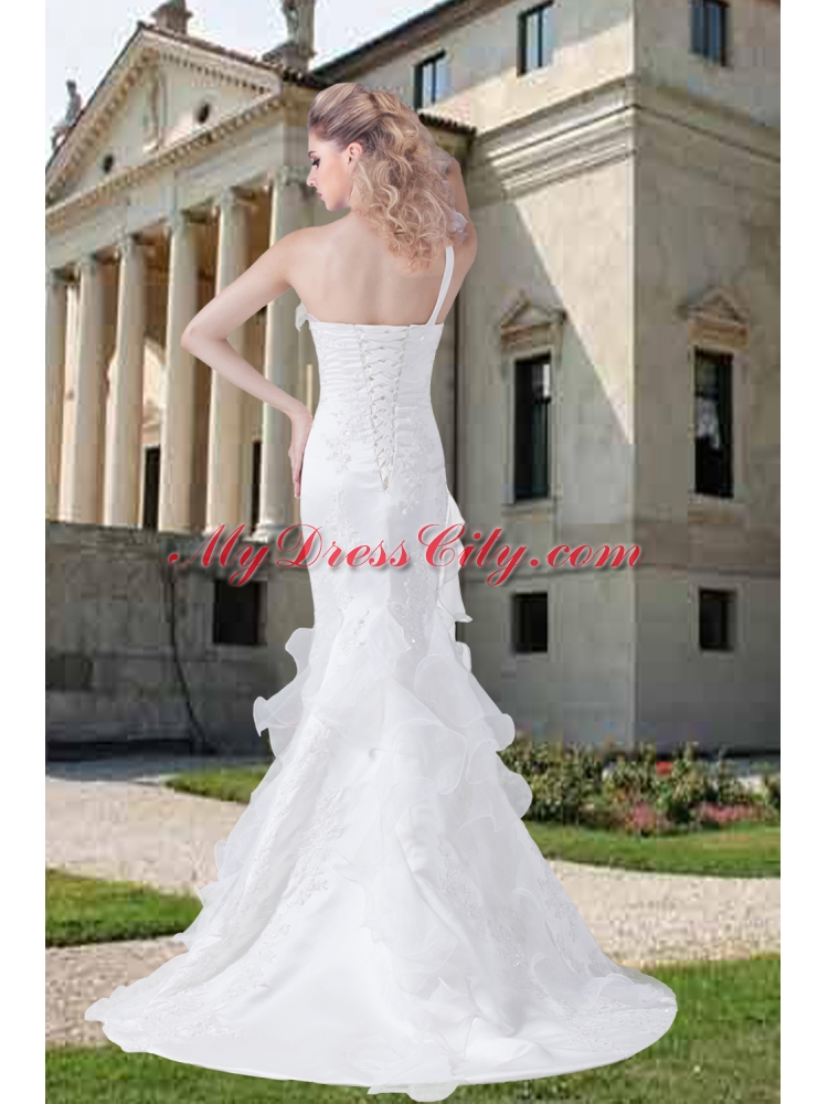 One Shoulder Ruffles Mermaid Appliques Wedding Dresses for 2014