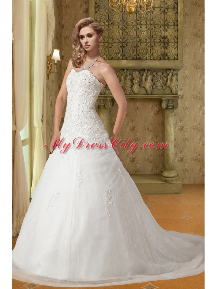 Popular A Line Sweetheart Court Train Wedding Dress with Appliques