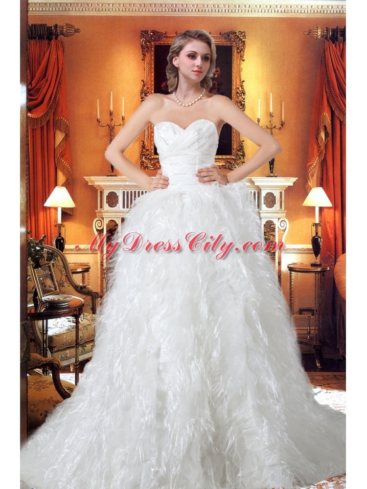 Princess Sweetheart Chapel Train Beading Unique Wedding Dress with Ruffles