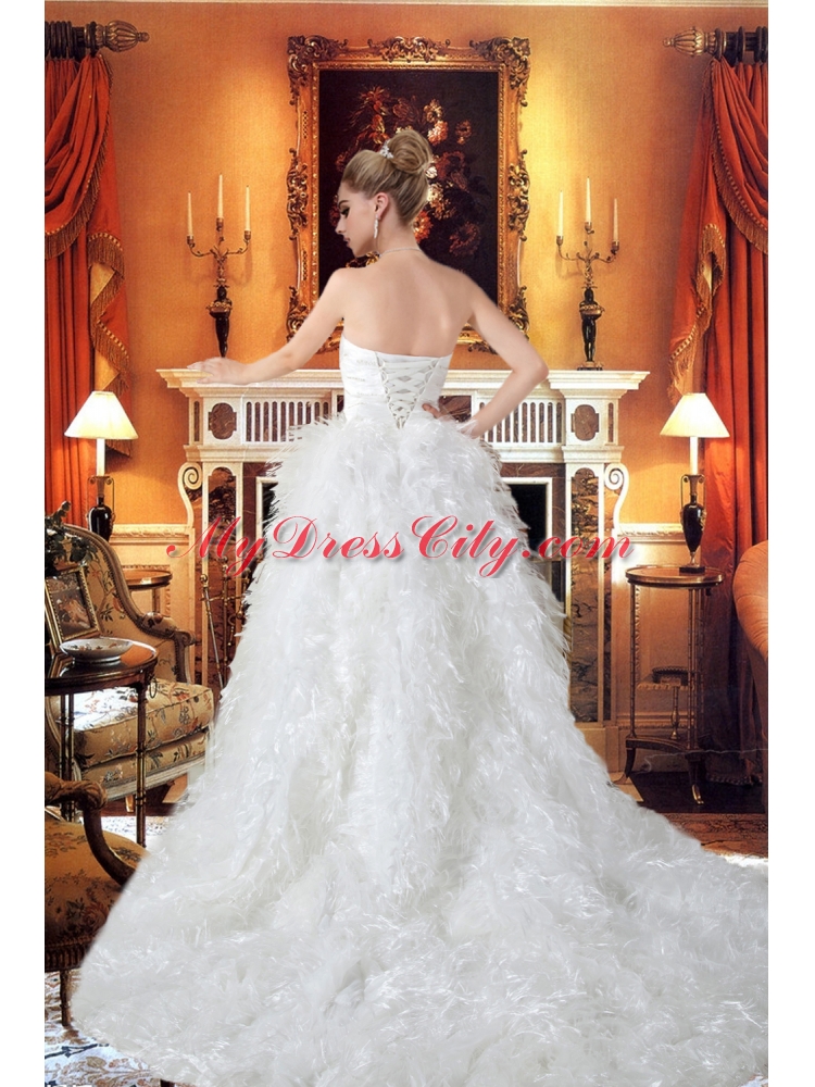 Princess Sweetheart Chapel Train Beading Unique Wedding Dress with Ruffles