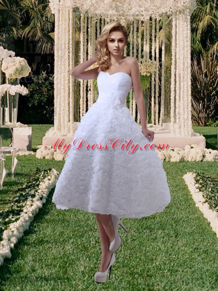 Rolling Flowers Princess Sweetheart Tea Length Wedding Dresses