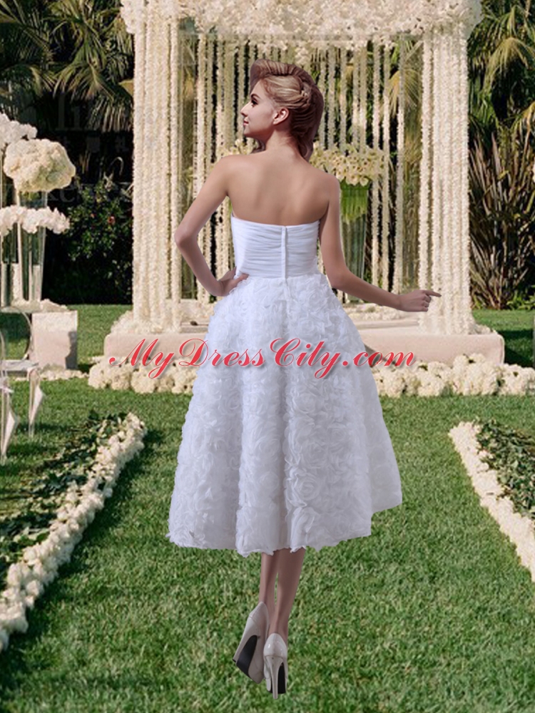 Rolling Flowers Princess Sweetheart Tea Length Wedding Dresses