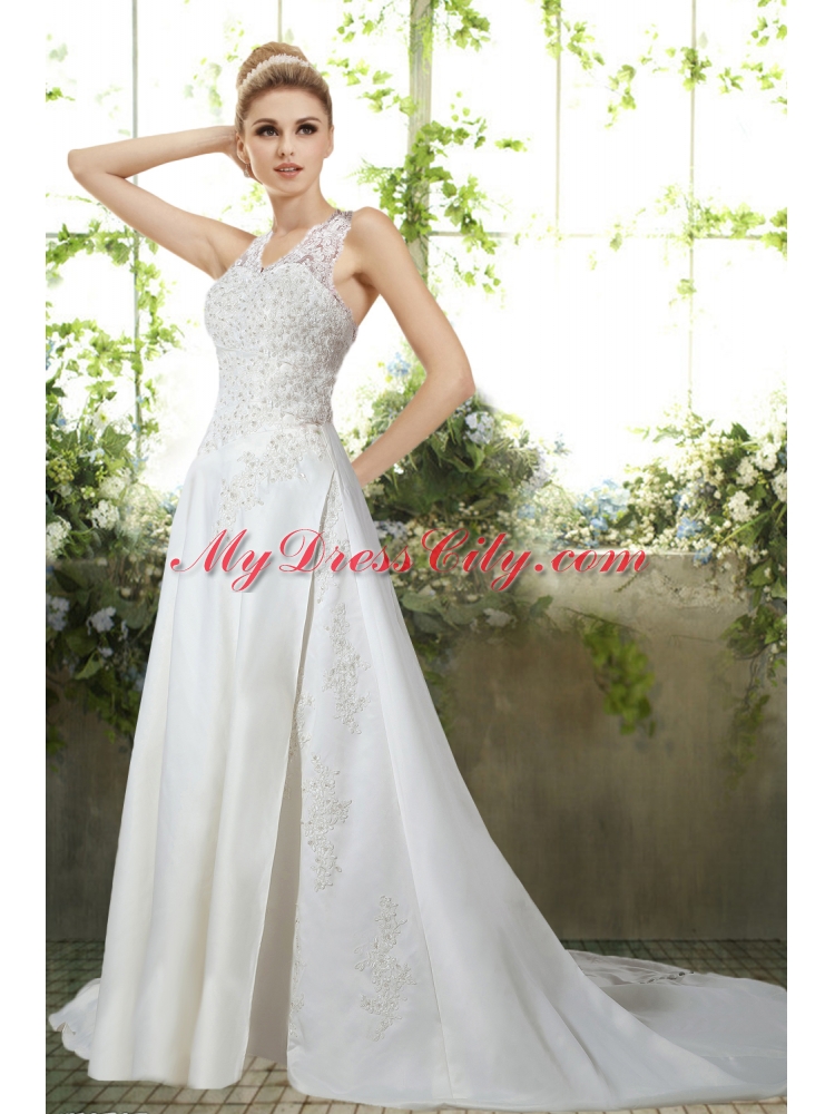 Romantic Column Halter Appliques Wedding Dress  for 2014