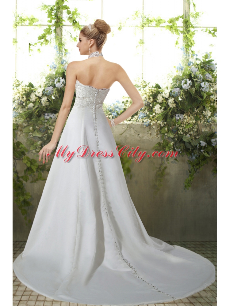 Romantic Column Halter Appliques Wedding Dress  for 2014