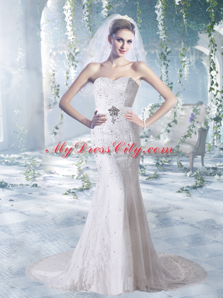 Sweetheart Lace and Elastic Woven Satin Court Train Sheath Wedding Gowns With Beading