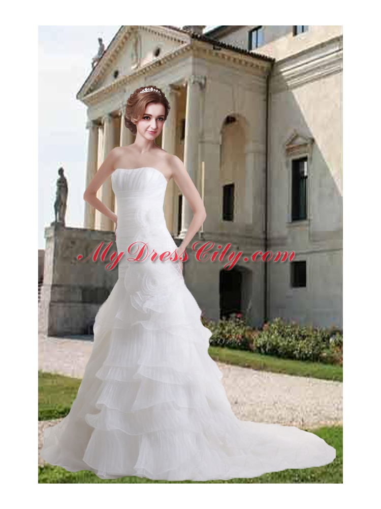 White Hand Made Flowers Court Train Wedding Dresses with Ruffled Layers