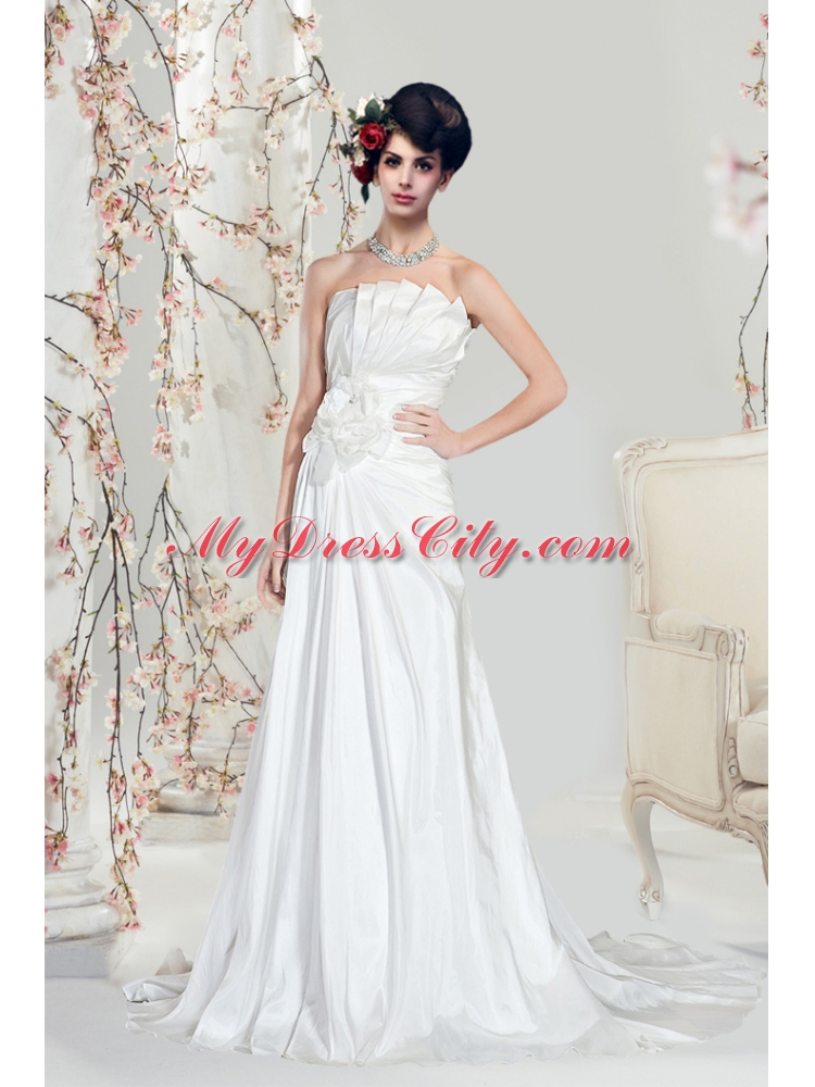 A Line Strapless Hand Made Flower Wedding Dresses with Court Train