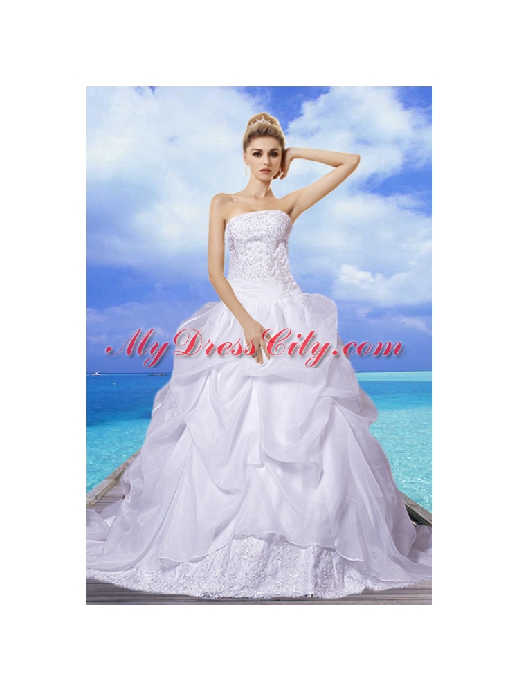 Brand New A Line Strapless Appliques Wedding Dresses with Court Train