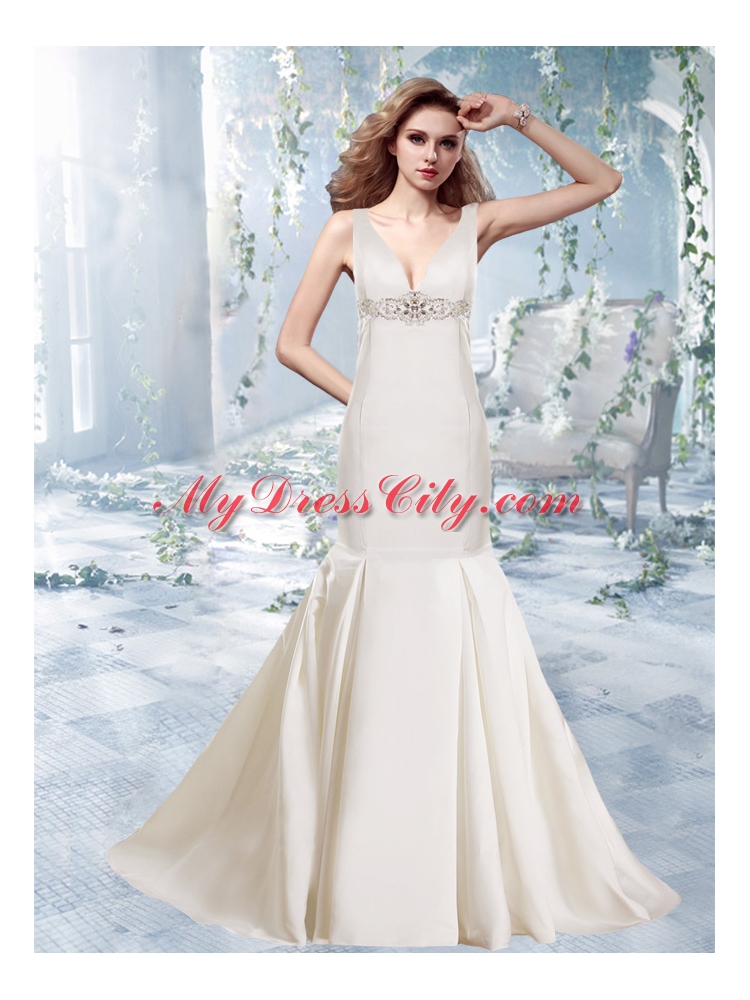 Cheap Mermaid V Neck Court Train Wedding Dress with Beading