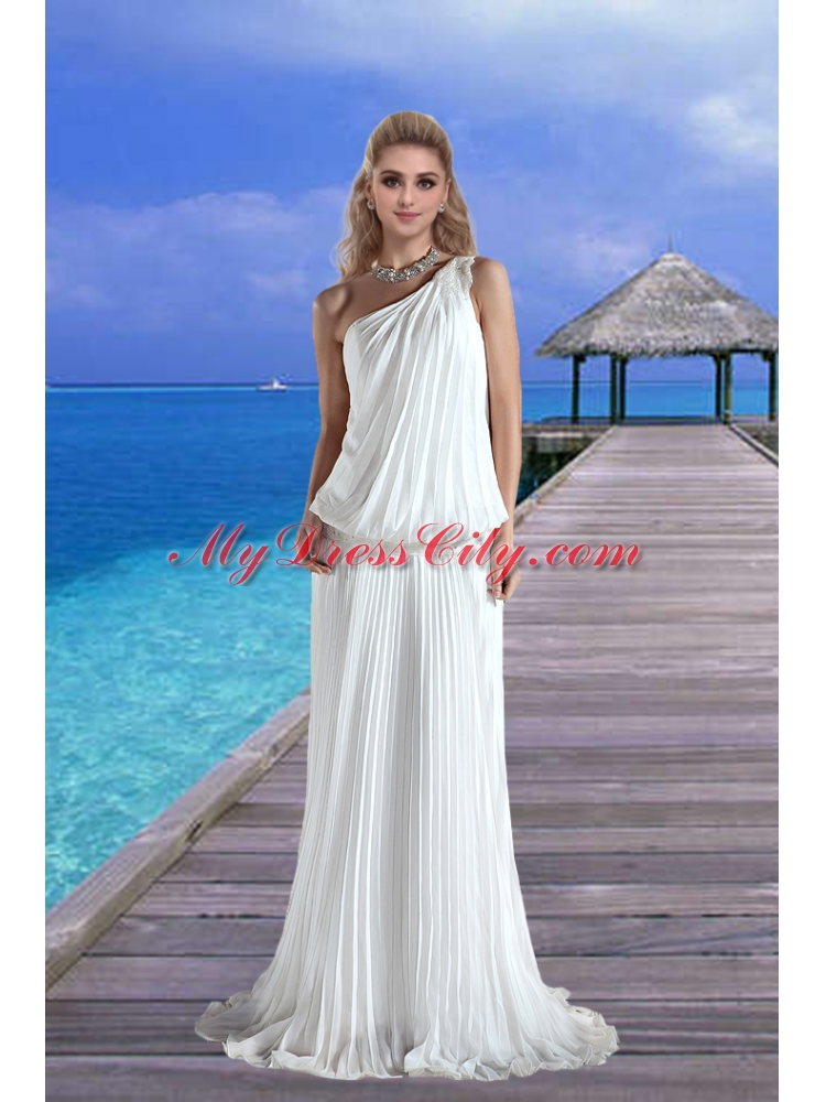 Cheap One Shoulder Pleat Wedding Dress with Court Train for Beach