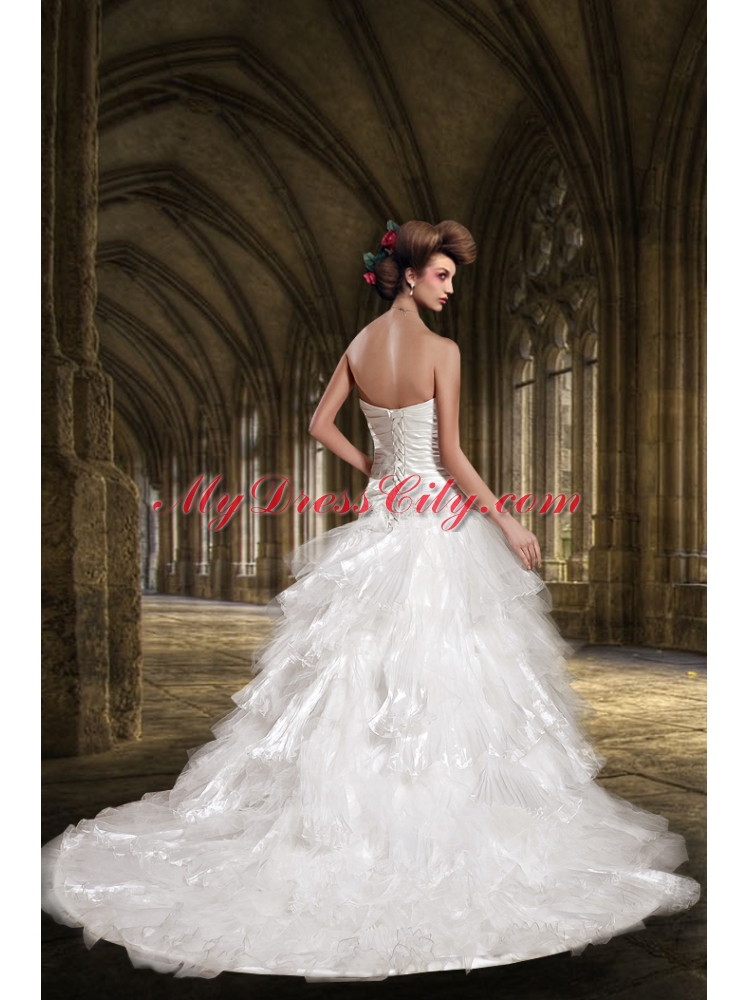 Decent A Line Strapless Appliques Wedding Dress with Chapel Train