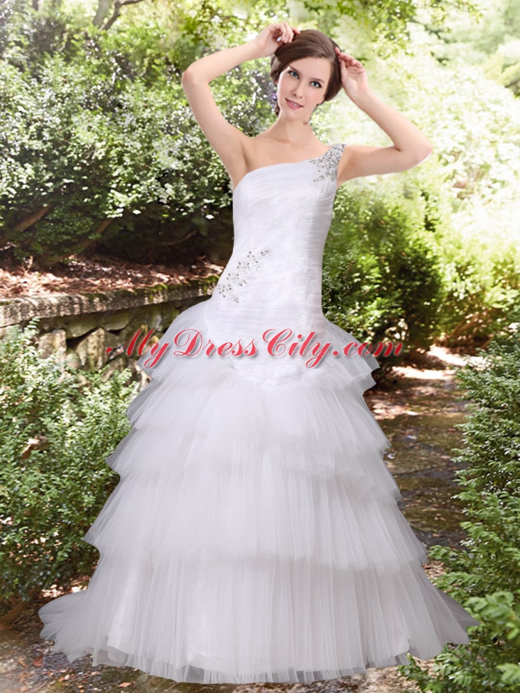 Discount A Line Court Train Beading Wedding Dress with One Shoulder