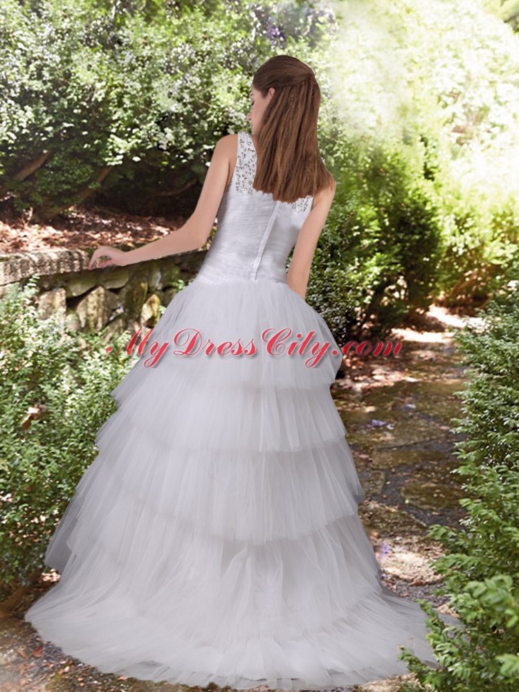 Discount A Line Court Train Beading Wedding Dress with One Shoulder