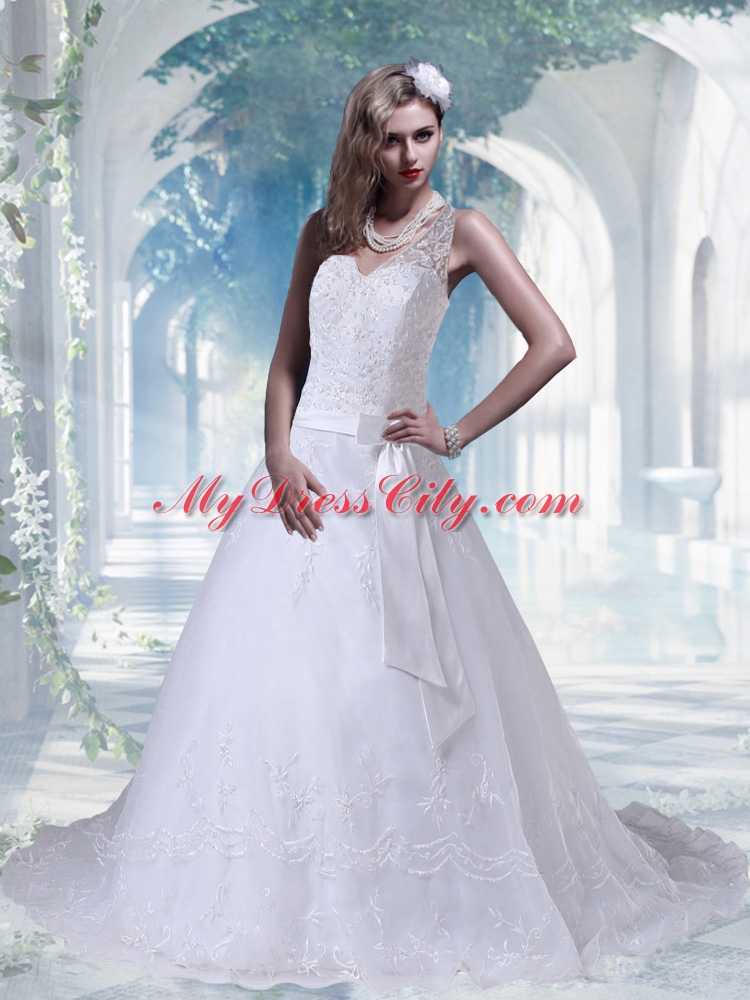 Eelgant Halter Bowknot Wedding Dresses Lace Brush Train