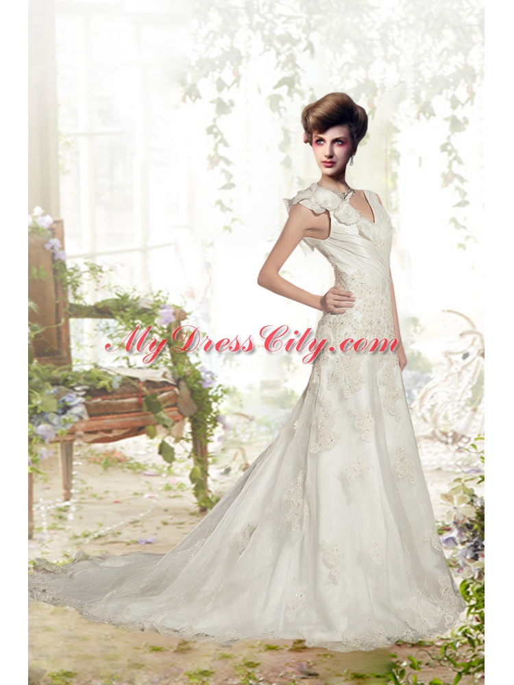 Elegant A Line V Neck Appliques Wedding Dresses with Chapel Train