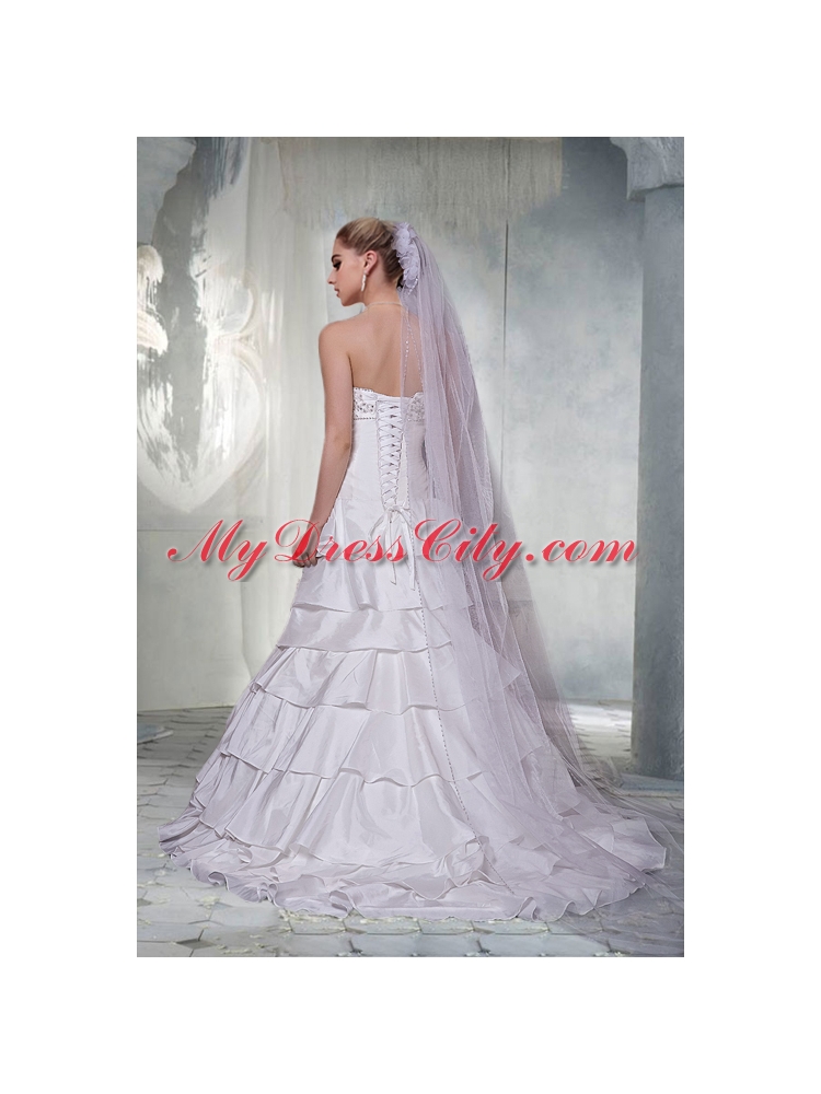 Gorgeous A Line Strapless Brush Train Wedding Dresses with Beading