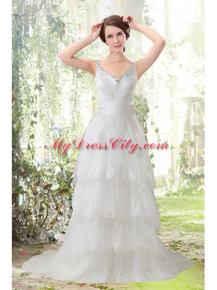 Lace Column Scoop Ruffled Layers Wedding Dresses with Brush Train