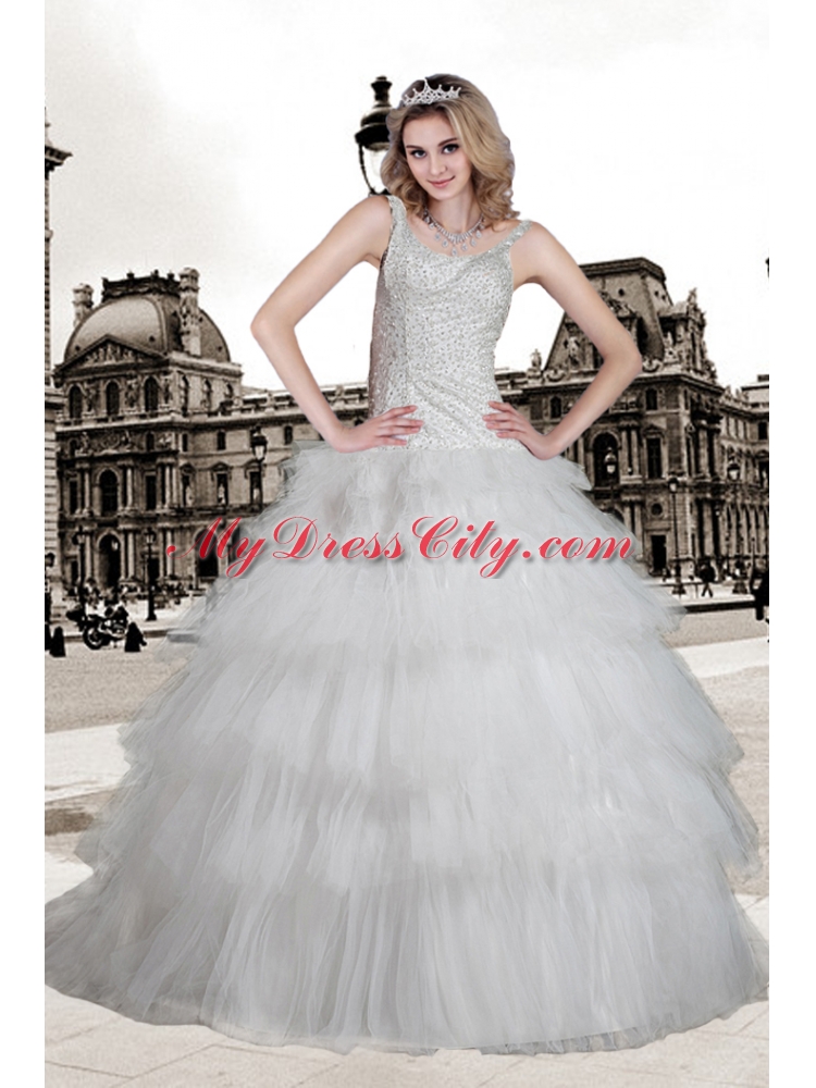 Popular Ball Gown Scoop Brush Train Beading Wedding Dress