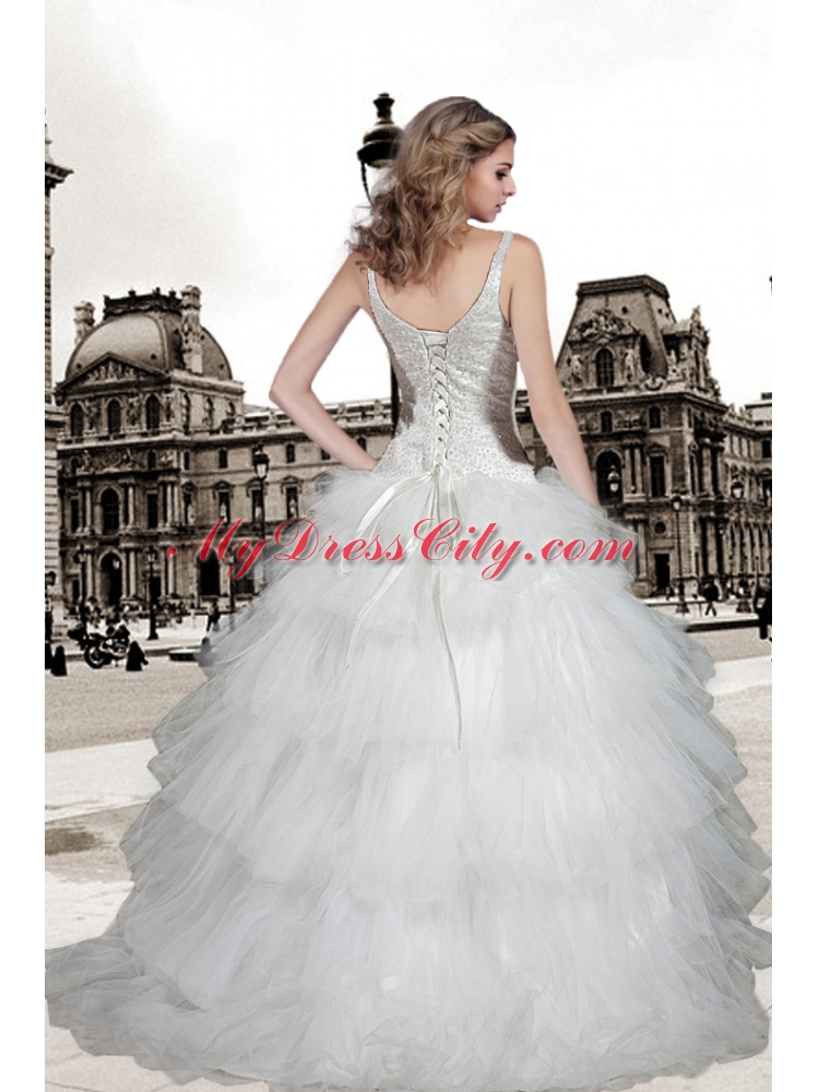 Popular Ball Gown Scoop Brush Train Beading Wedding Dress