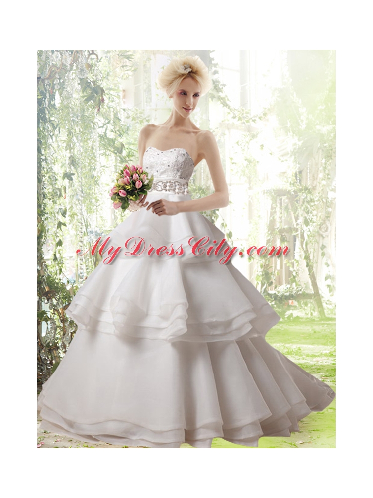 Romantic A Line Ruffled Layers and Beading Wedding Dresses with Strapless