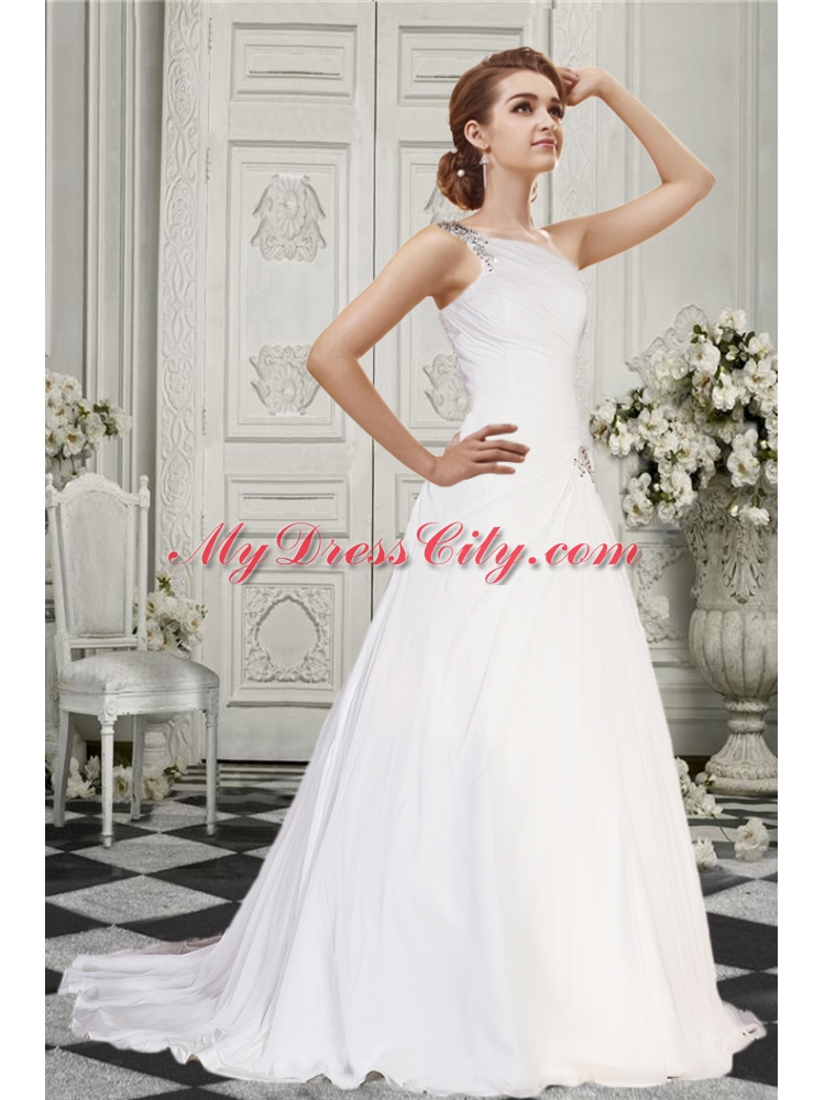 Simple A Line One Shoulder Court Train Wedding Dress  with Beading