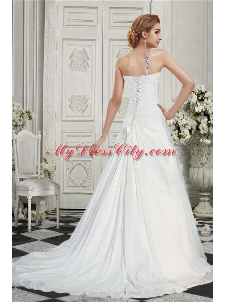 Simple A Line One Shoulder Court Train Wedding Dress  with Beading