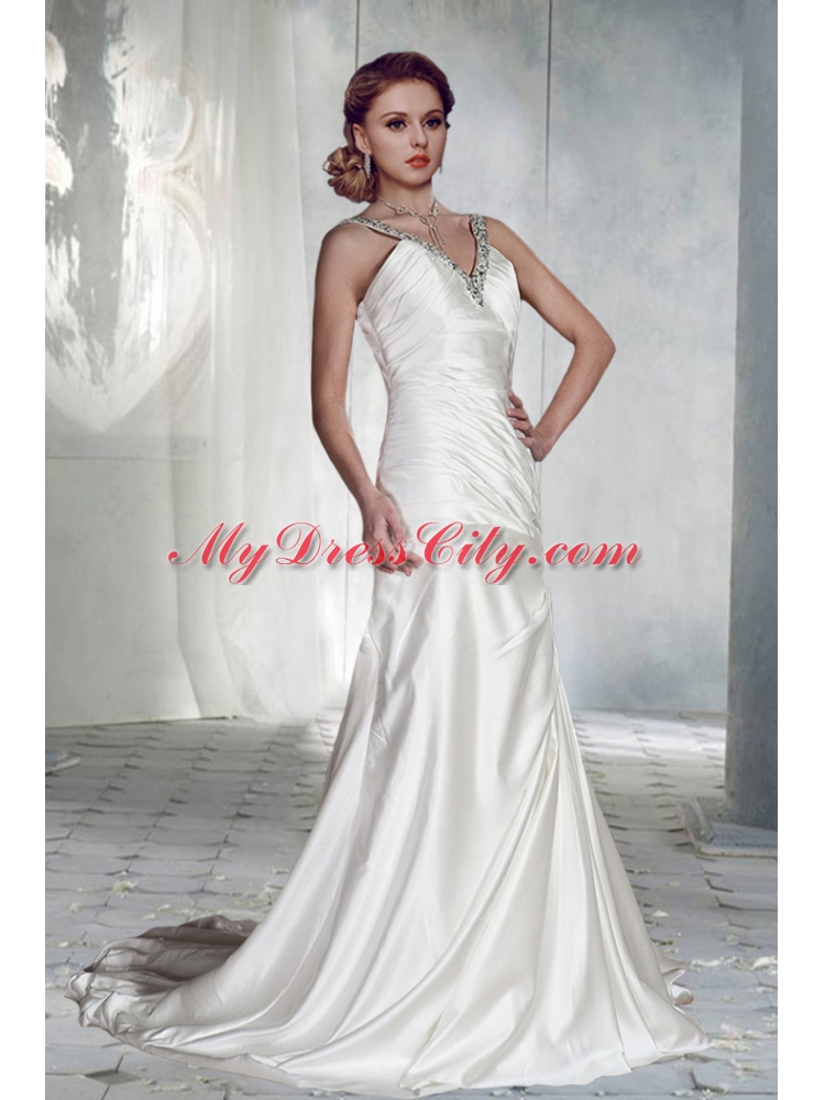 Simple V Neck Brush Train Wedding Dresses with Beading