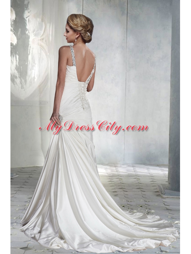 Simple V Neck Brush Train Wedding Dresses with Beading