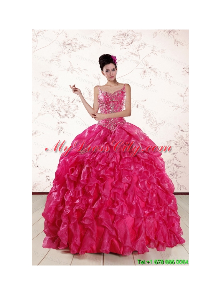 2015 Beautiful Spaghetti Straps Beading Quinceanera Dresses in Hot Pink