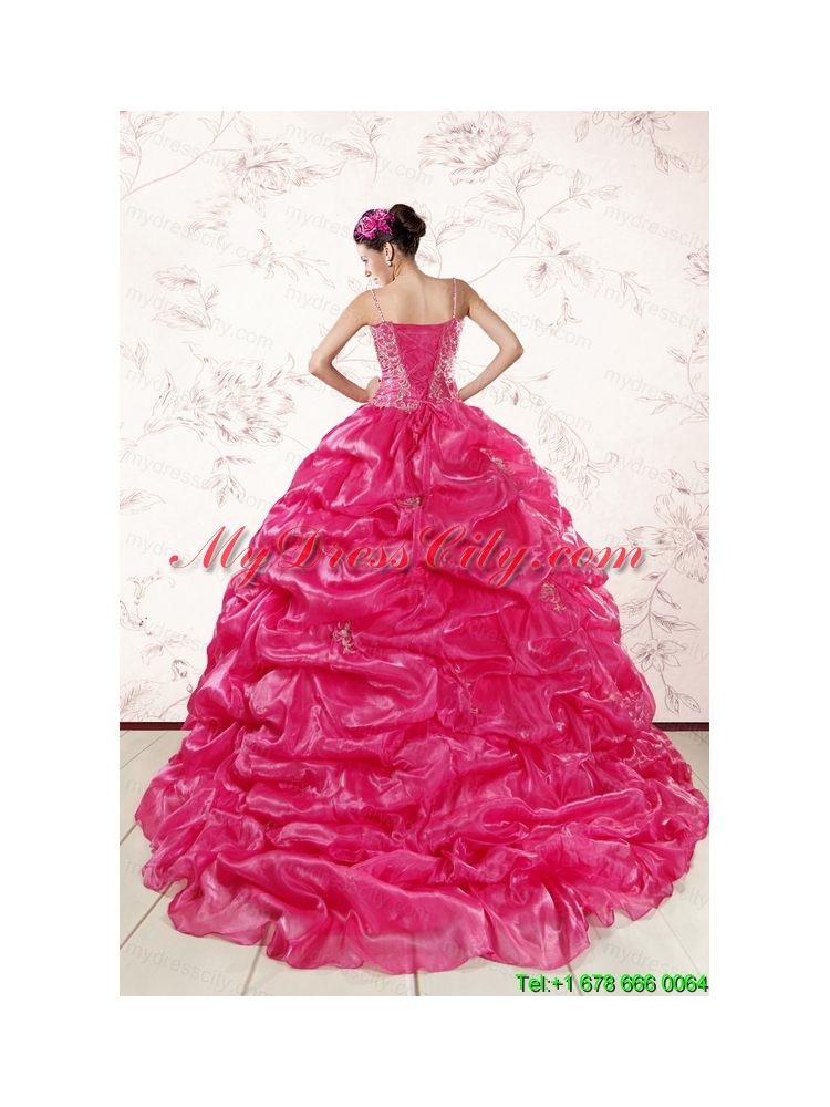 2015 Beautiful Spaghetti Straps Beading Quinceanera Dresses in Hot Pink