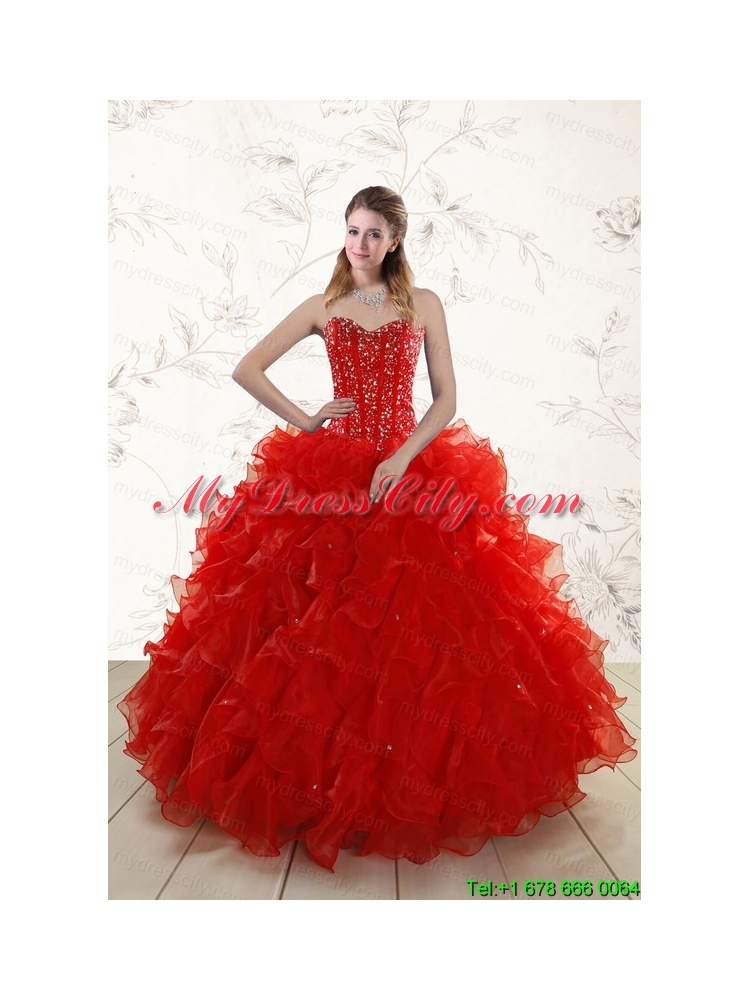 2015 Most Popular Red Quinceanera Dresses with Beading and Ruffles