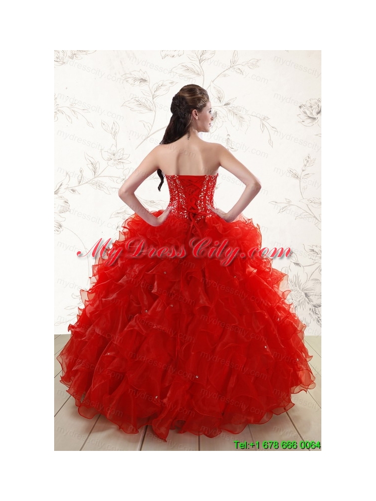 2015 Most Popular Red Quinceanera Dresses with Beading and Ruffles