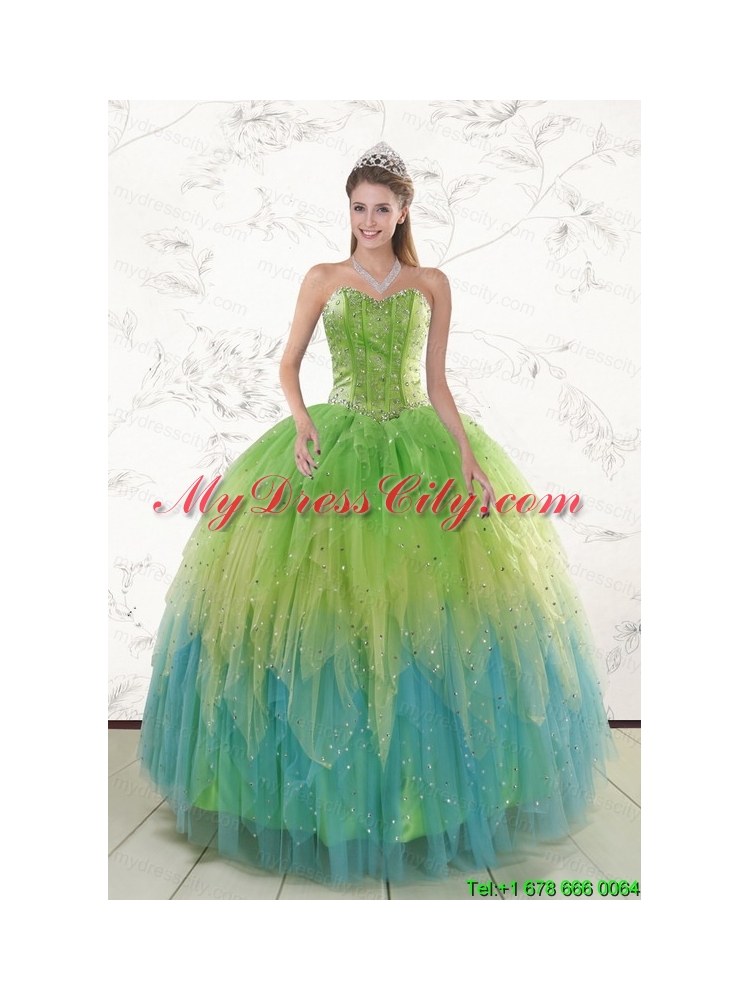 2015 New Style Beading and Ruffles Quinceanera Dresses in Multi-color