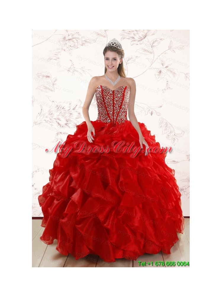 Sweetheart Pretty Red Quinceanera Dresses With  Beading and Ruffles for 2015