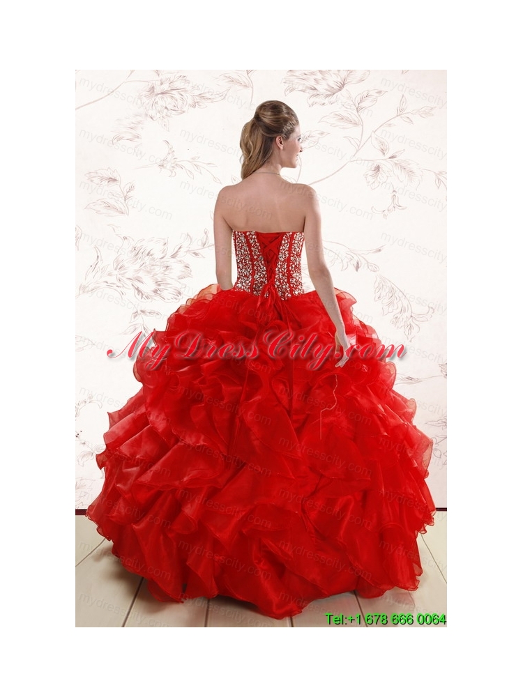 Sweetheart Pretty Red Quinceanera Dresses With  Beading and Ruffles for 2015