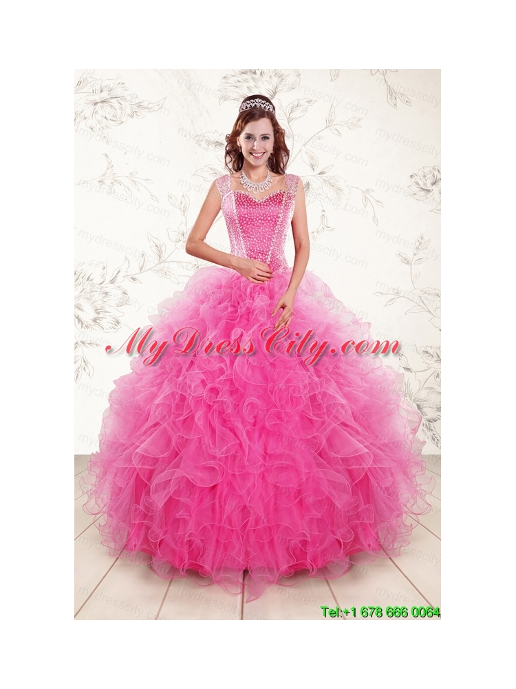 2015 Pretty Straps Hot Pink Quinceanera Dresses with Beading