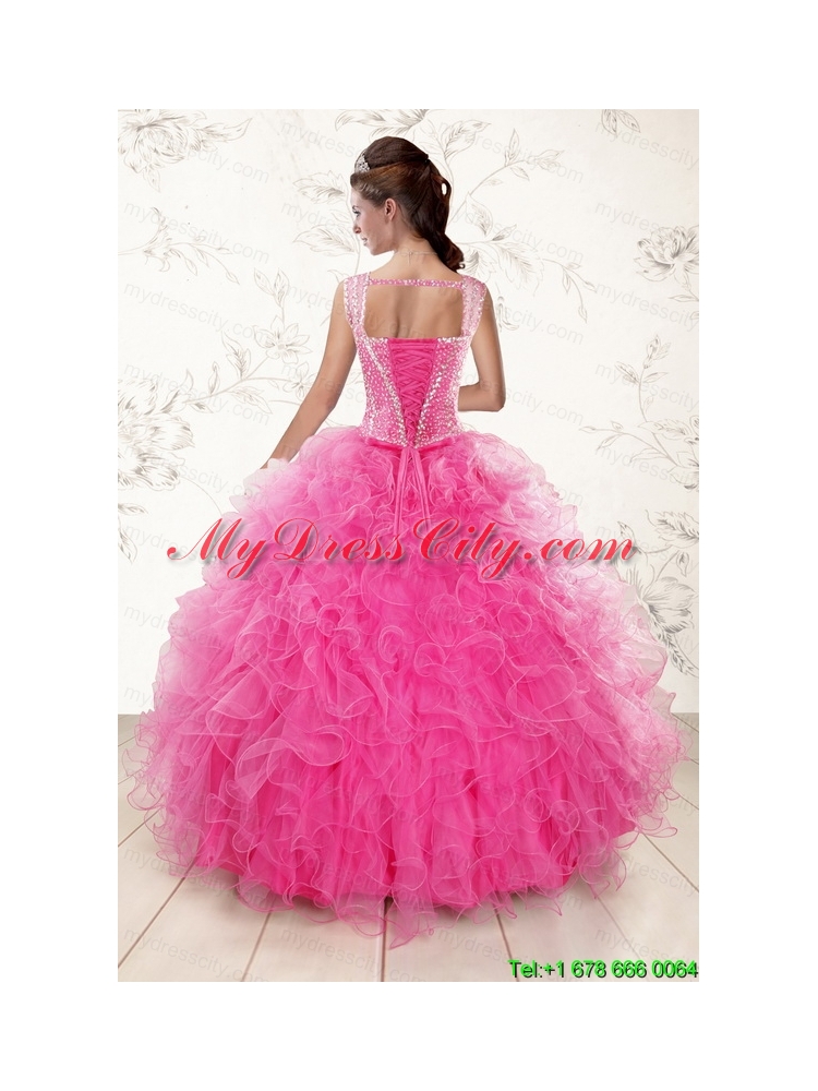 2015 Pretty Straps Hot Pink Quinceanera Dresses with Beading