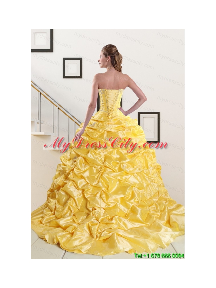 Beading Strapless 2015 Quinceanera Dresses with Sweep Train