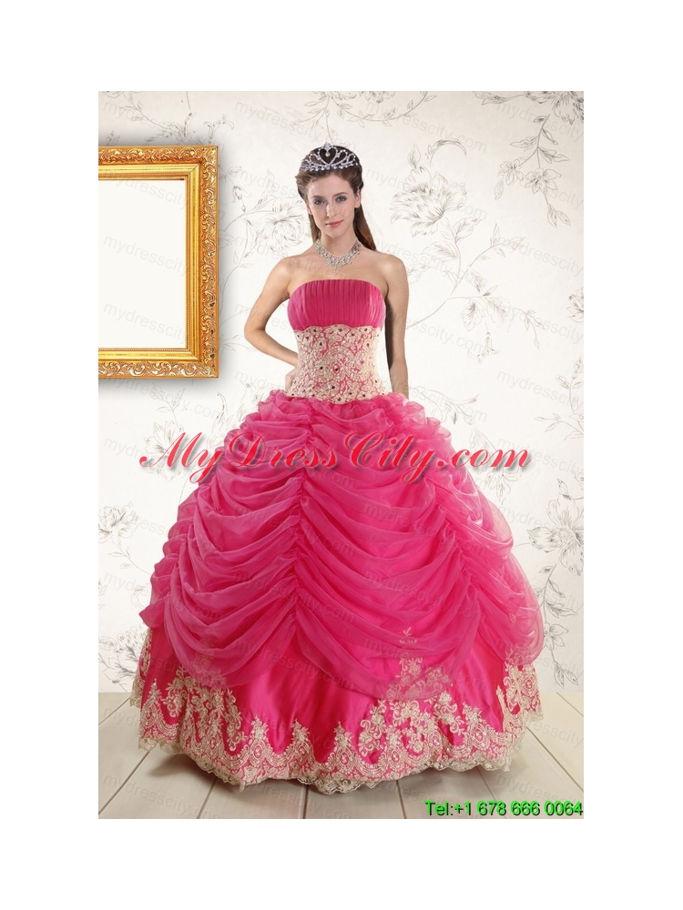 Exquisite Lace Appliques Hot Pink  Quinceanera Gowns for 2015